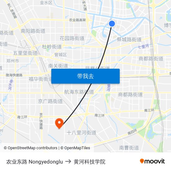 农业东路 Nongyedonglu to 黄河科技学院 map