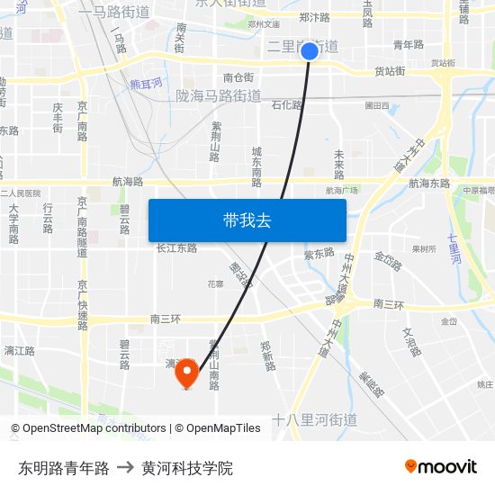 东明路青年路 to 黄河科技学院 map