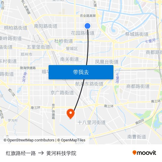 红旗路经一路 to 黄河科技学院 map