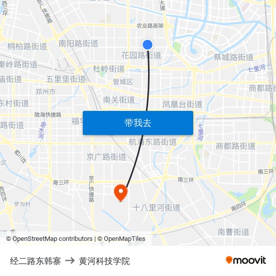 经二路东韩寨 to 黄河科技学院 map