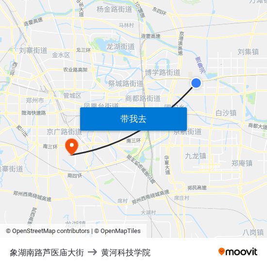 象湖南路芦医庙大街 to 黄河科技学院 map