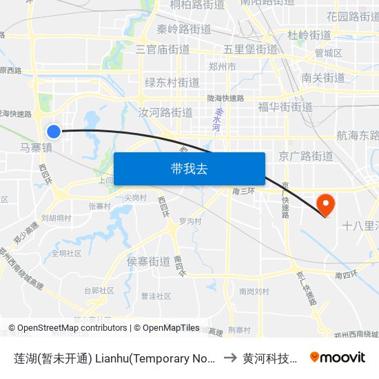 莲湖(暂未开通) Lianhu(Temporary Not Open) to 黄河科技学院 map