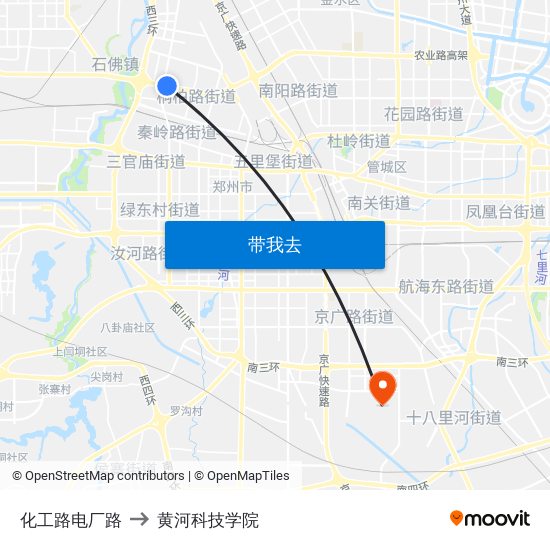 化工路电厂路 to 黄河科技学院 map
