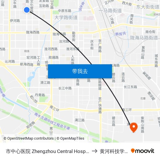 市中心医院 Zhengzhou Central Hospital to 黄河科技学院 map