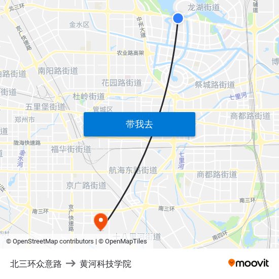 北三环众意路 to 黄河科技学院 map