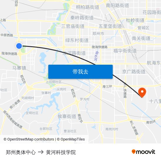 郑州奥体中心 to 黄河科技学院 map