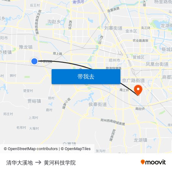 清华大溪地 to 黄河科技学院 map