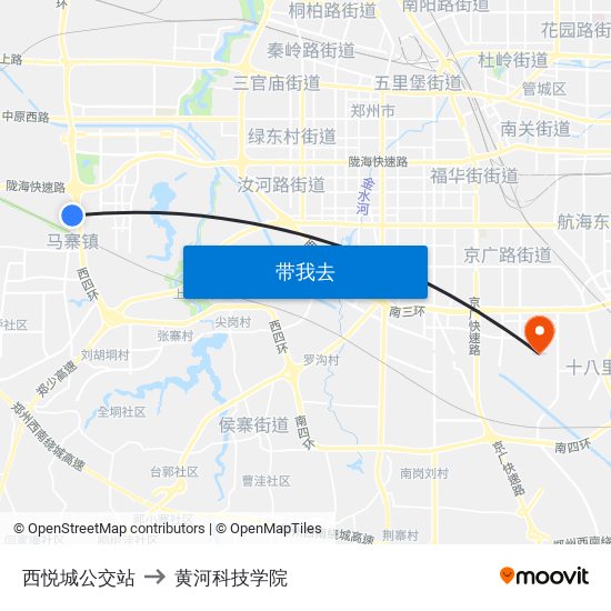 西悦城公交站 to 黄河科技学院 map