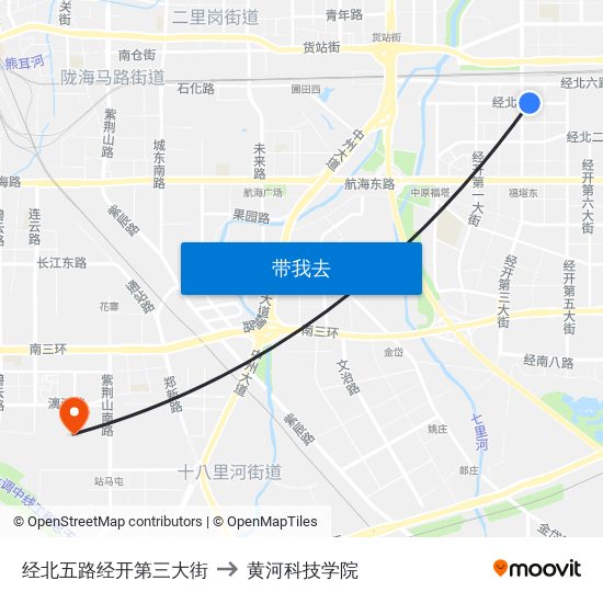 经北五路经开第三大街 to 黄河科技学院 map