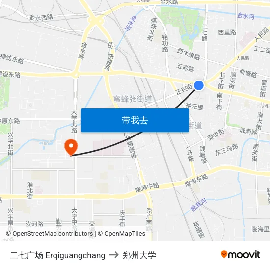 二七广场 Erqiguangchang to 郑州大学 map