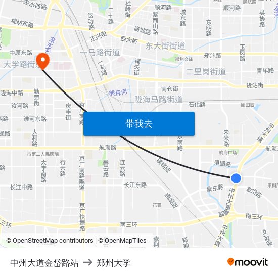 中州大道金岱路站 to 郑州大学 map