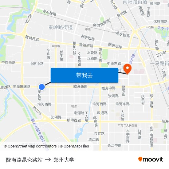 陇海路昆仑路站 to 郑州大学 map