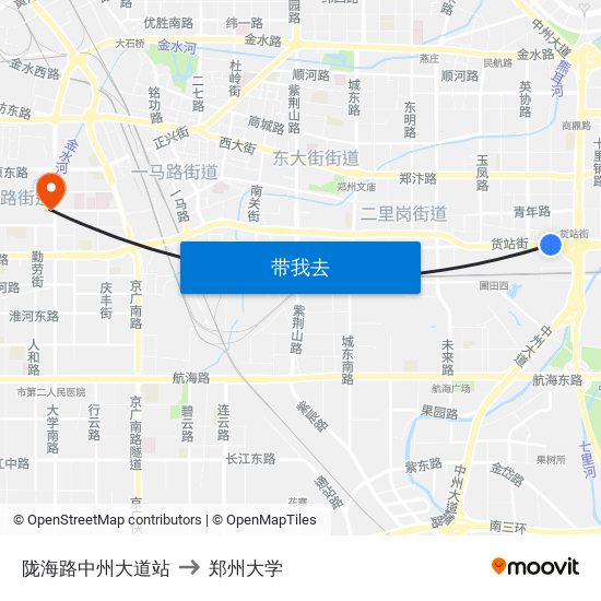 陇海路中州大道站 to 郑州大学 map