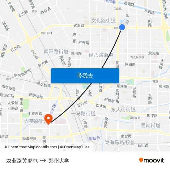 农业路关虎屯 to 郑州大学 map