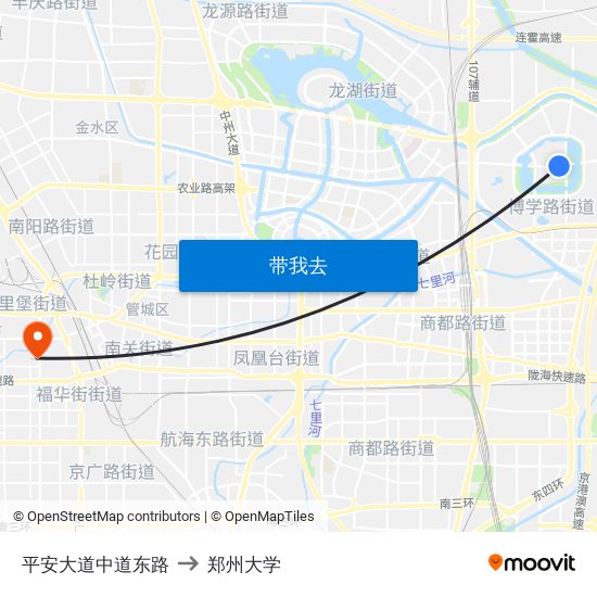 平安大道中道东路 to 郑州大学 map