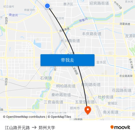 江山路开元路 to 郑州大学 map