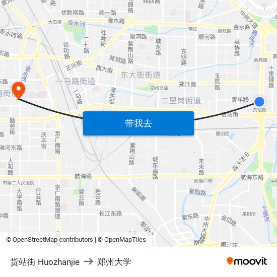 货站街 Huozhanjie to 郑州大学 map