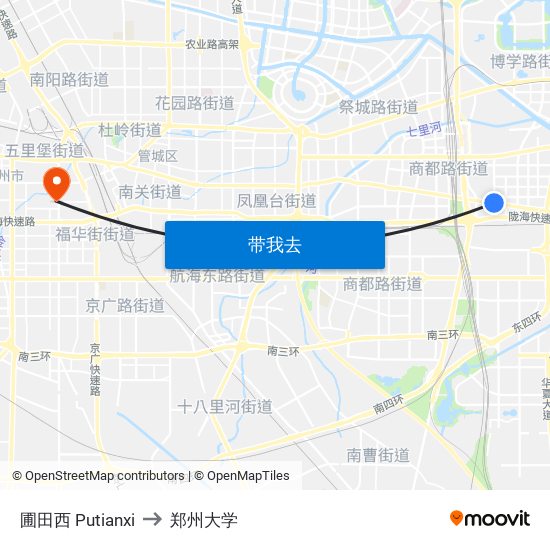 圃田西 Putianxi to 郑州大学 map