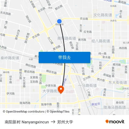 南阳新村 Nanyangxincun to 郑州大学 map