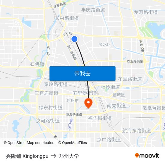 兴隆铺 Xinglongpu to 郑州大学 map