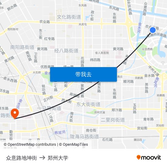 众意路地坤街 to 郑州大学 map