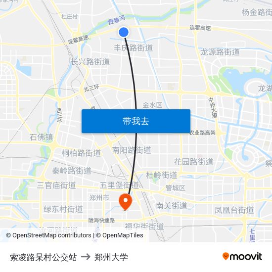索凌路杲村公交站 to 郑州大学 map