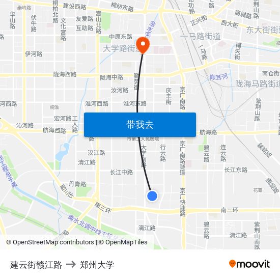 建云街赣江路 to 郑州大学 map