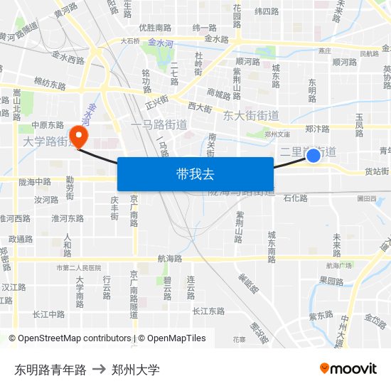 东明路青年路 to 郑州大学 map