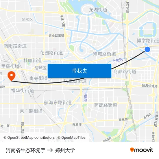 河南省生态环境厅 to 郑州大学 map