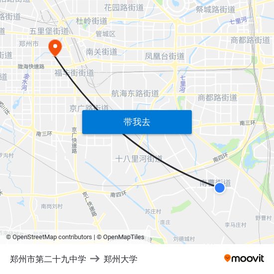 郑州市第二十九中学 to 郑州大学 map