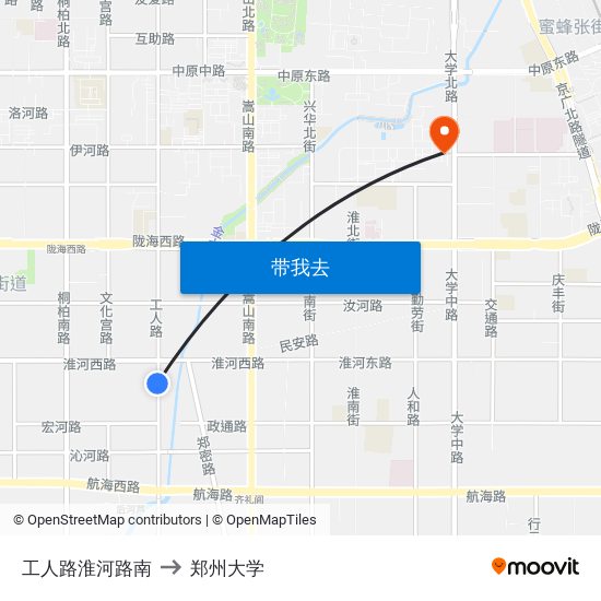 工人路淮河路南 to 郑州大学 map