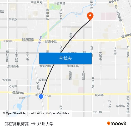 郑密路航海路 to 郑州大学 map