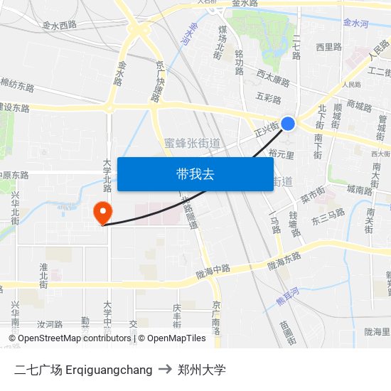 二七广场 Erqiguangchang to 郑州大学 map