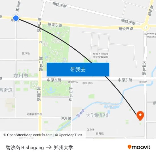碧沙岗 Bishagang to 郑州大学 map