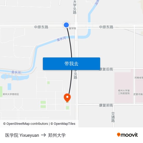 医学院 Yixueyuan to 郑州大学 map