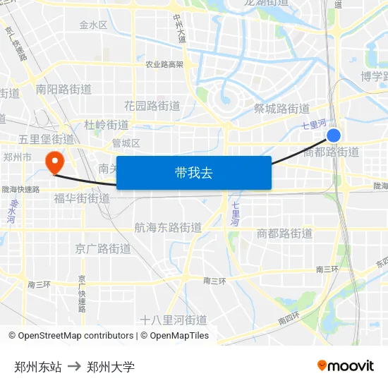 郑州东站 to 郑州大学 map