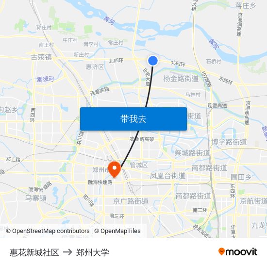 惠花新城社区 to 郑州大学 map