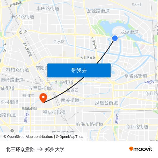 北三环众意路 to 郑州大学 map
