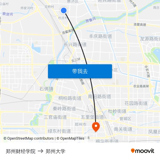 郑州财经学院 to 郑州大学 map
