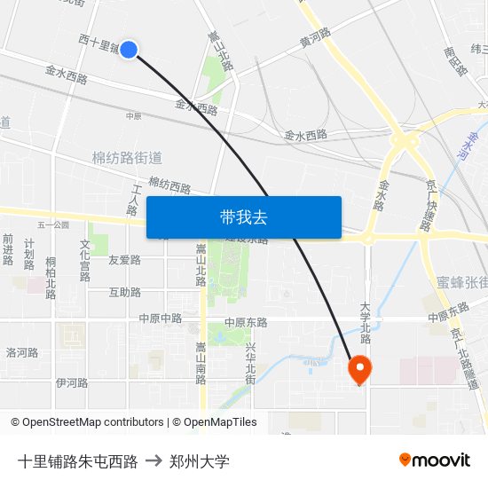 十里铺路朱屯西路 to 郑州大学 map