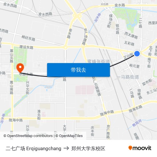 二七广场 Erqiguangchang to 郑州大学东校区 map