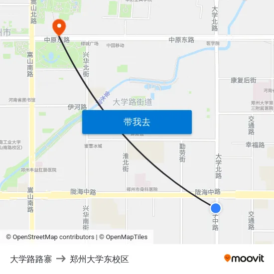 大学路路寨 to 郑州大学东校区 map