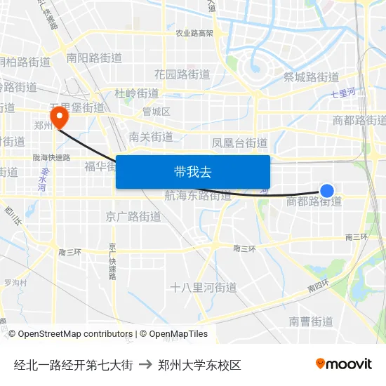 经北一路经开第七大街 to 郑州大学东校区 map