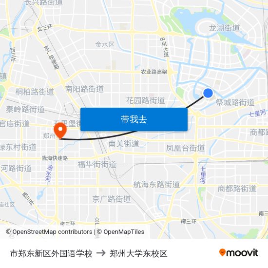 市郑东新区外国语学校 to 郑州大学东校区 map