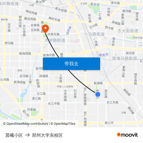 晨曦小区 to 郑州大学东校区 map