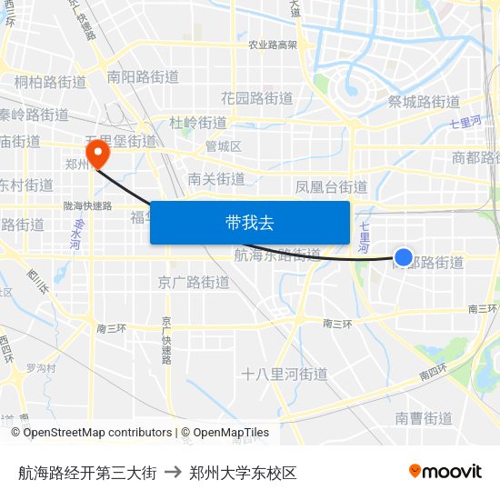 航海路经开第三大街 to 郑州大学东校区 map