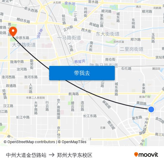 中州大道金岱路站 to 郑州大学东校区 map