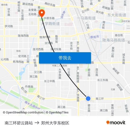 南三环碧云路站 to 郑州大学东校区 map