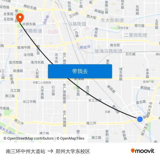 南三环中州大道站 to 郑州大学东校区 map