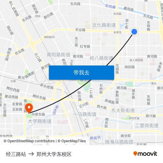 经三路站 to 郑州大学东校区 map